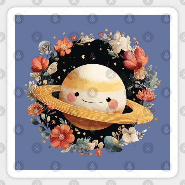 Planet Saturn in a Celestial Wreath - Spacecore Folk Art Sticker by TuncGK